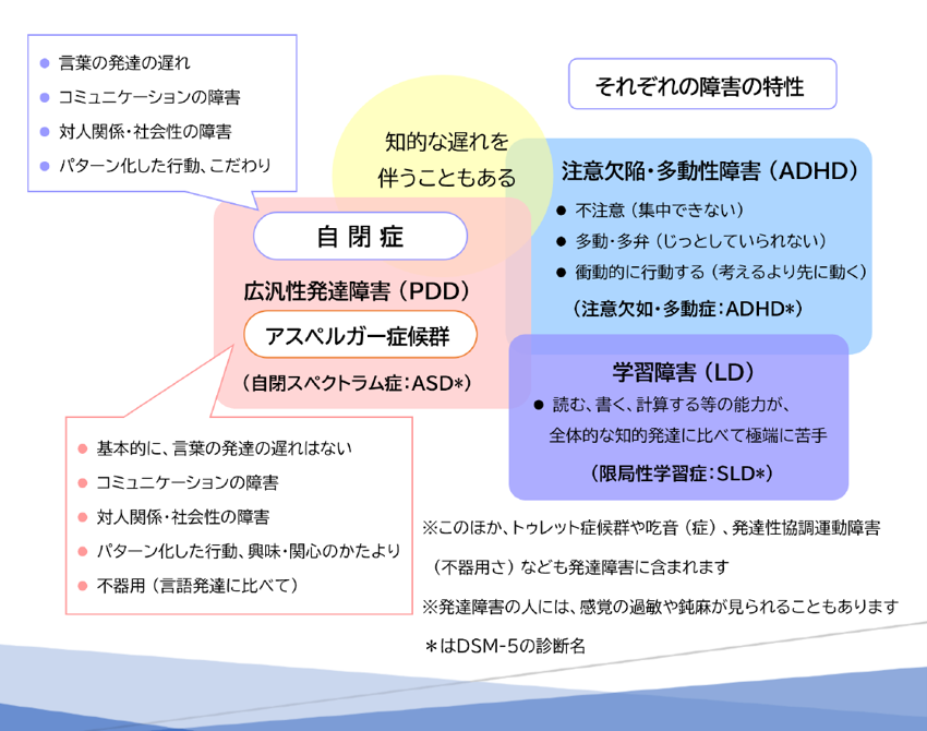 それぞれの障害の特性：自閉症を含む広汎性発達障害（PDD）、注意欠陥・多動性障害（ADHD）、学習障害（LD）の関係を示す図
